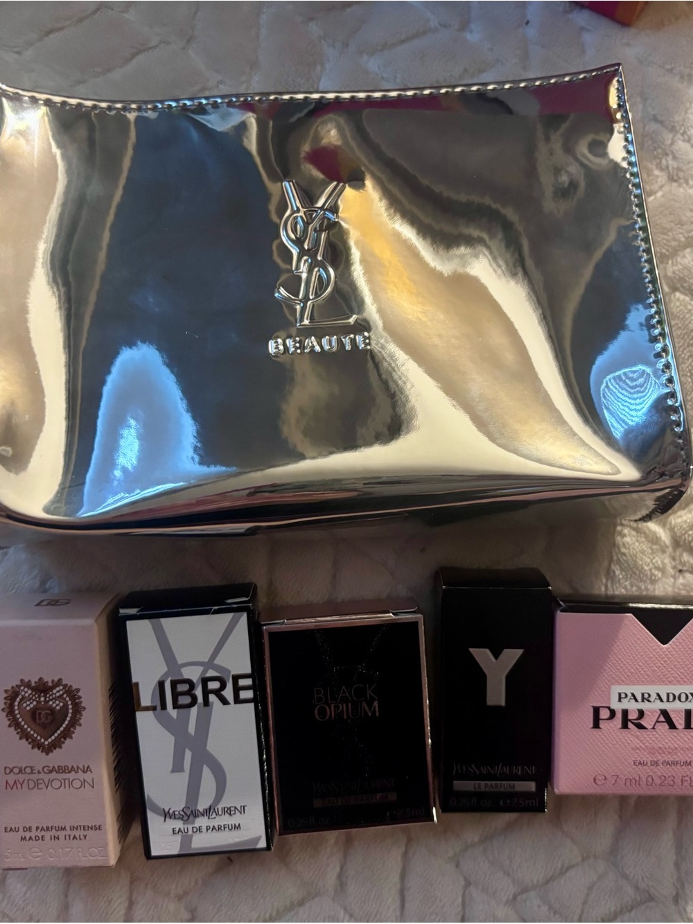 Yves Saint Laurent Metallic Silver Logo Cosmetic Pouch
